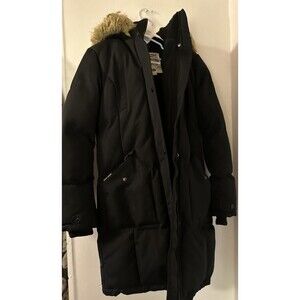 Tokyo Laundry Women’s Black Heavy Parka Coat With Faux Fur Hood Trim SZ SM Warm